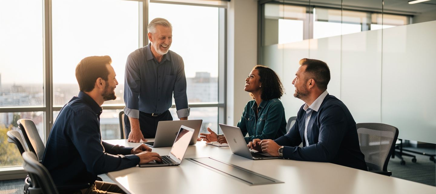 Four colleagues at a meeting table plan a referral program.