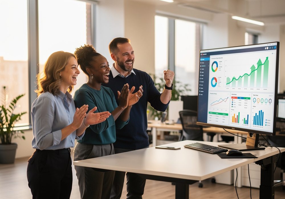Three smiling team members cheer in a sunlit office as a monitor shows a dashboard of rising growth charts.