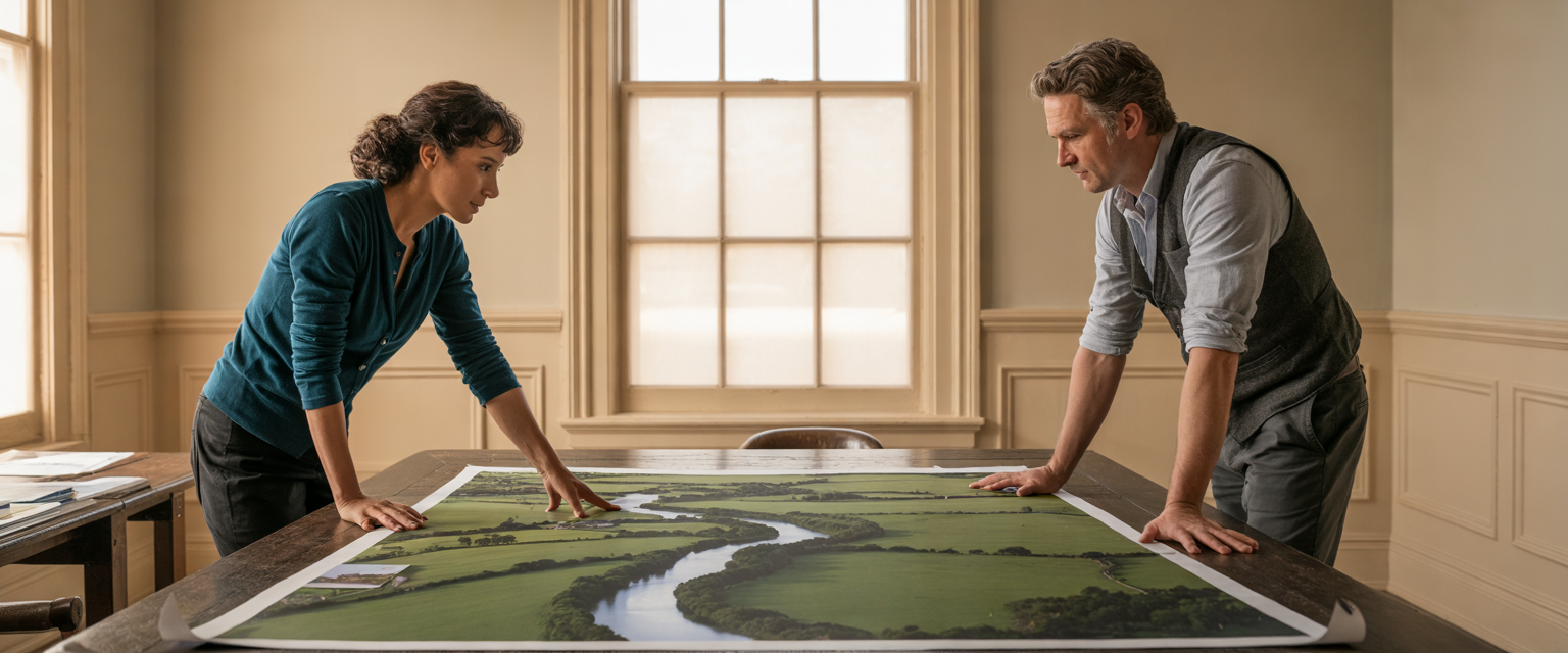 Hospice marketing director and care manager study an aerial map of their service area