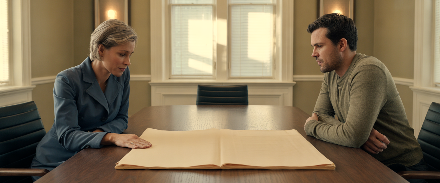 Hospice leader and outside marketing partner review a plan across a conference table