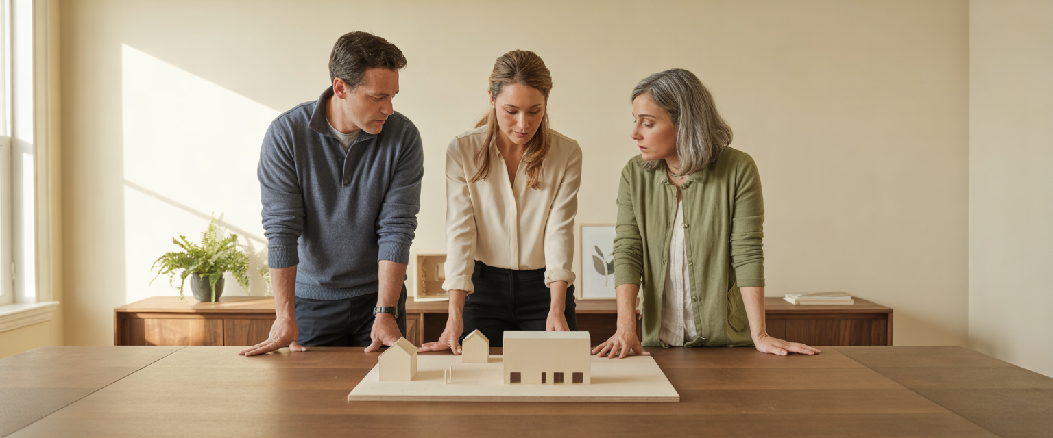 Three senior care operators study a model of their community together