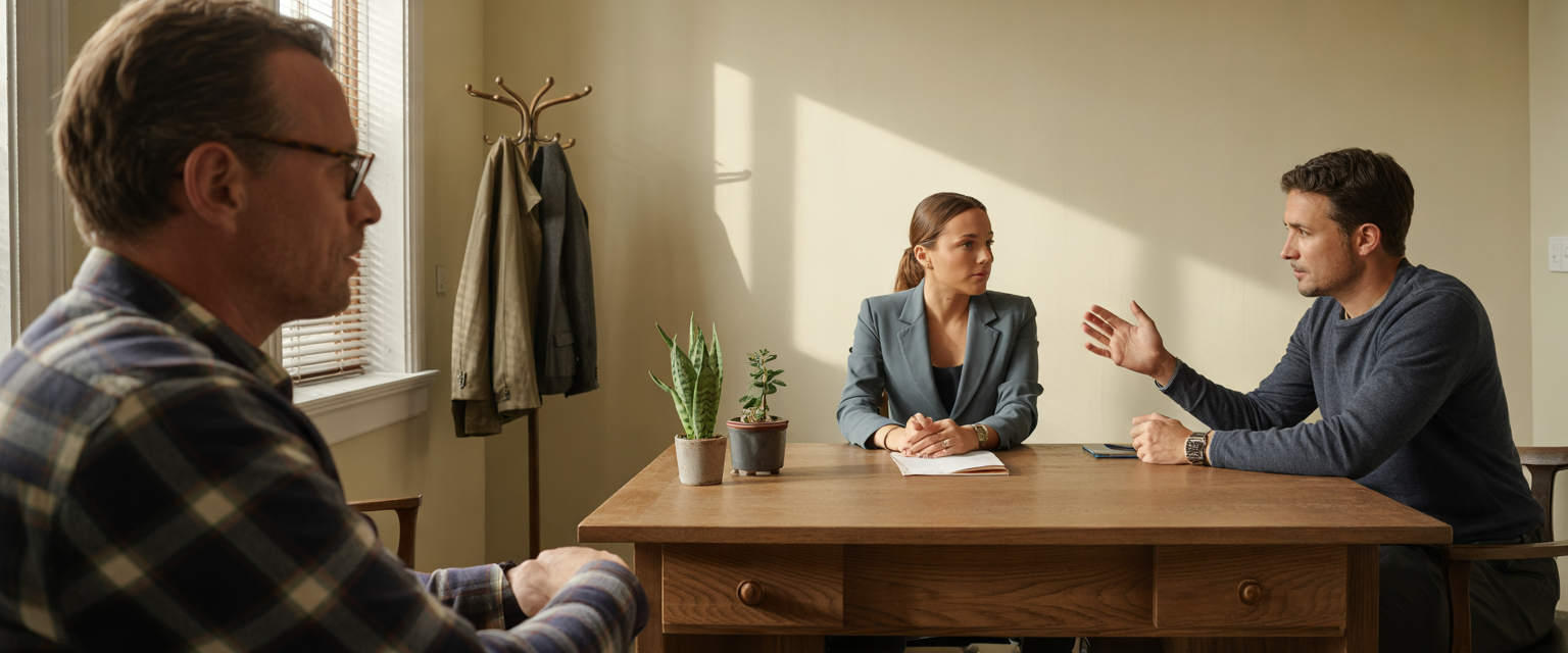 Home care agency owner meets a marketing agency team at a wooden table