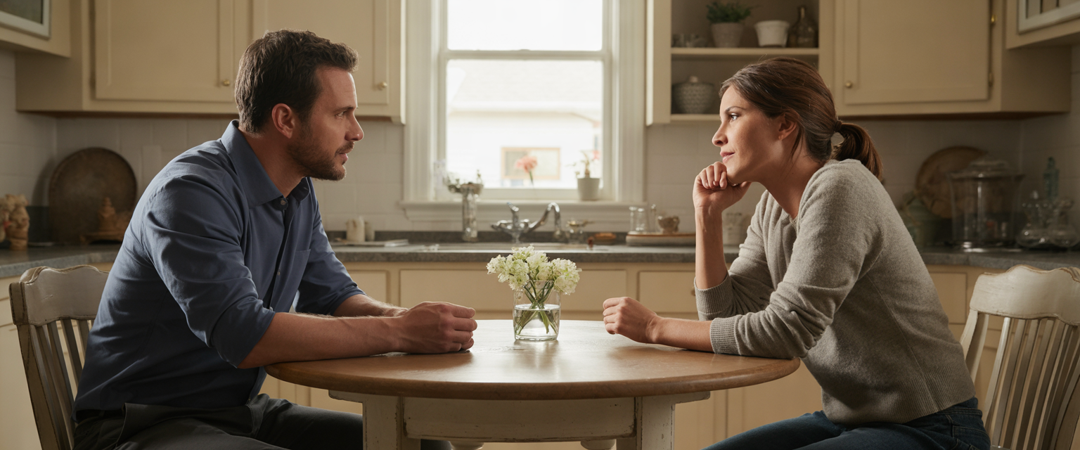Home care coordinator talks with a family member at her kitchen table