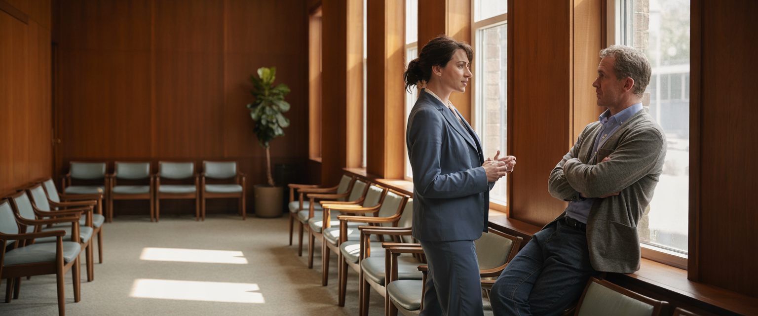 Home health liaison talks with a practice manager in a referral source's waiting room