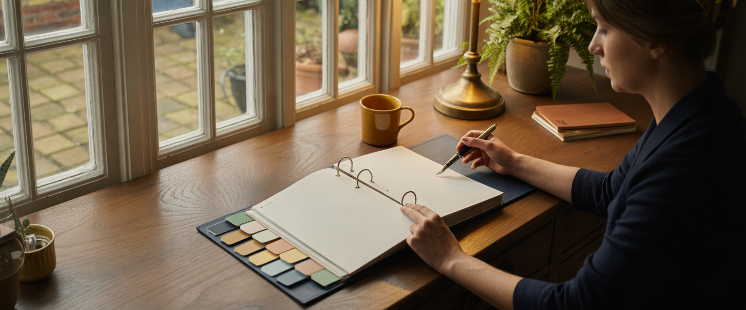 Nursing home administrator writes the marketing plan in a tabbed binder