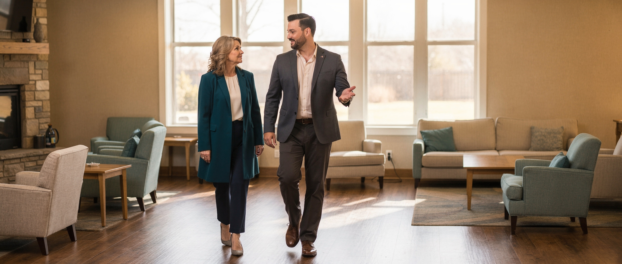 A director in a charcoal blazer walks a visitor in a teal coat through a sunlit common room with armchairs.