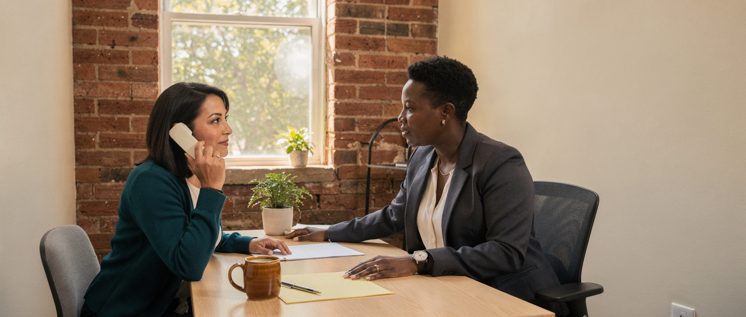 An intake coordinator in a teal cardigan takes a call on a cordless phone across a desk from the agency owner.