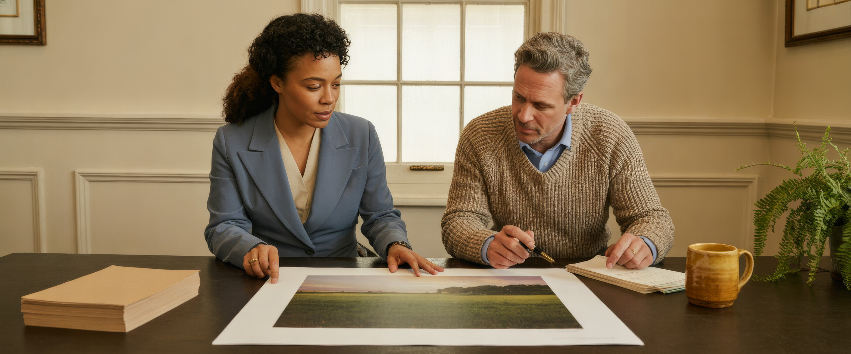 A hospice agency's marketing director and compliance lead sit side by side at a walnut table, studying a large printed landscape photograph together.